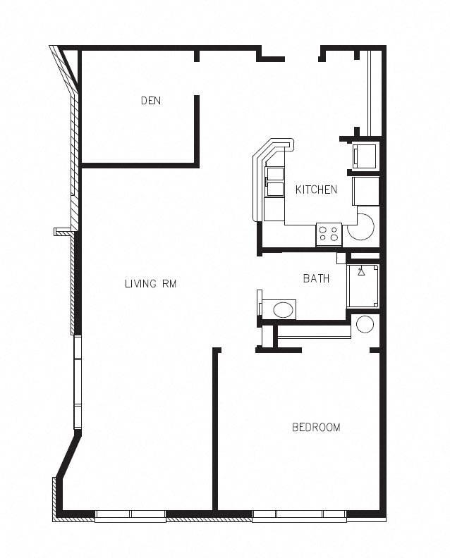 Floor plan for 1 bed, 1 bath, 1166 sqft